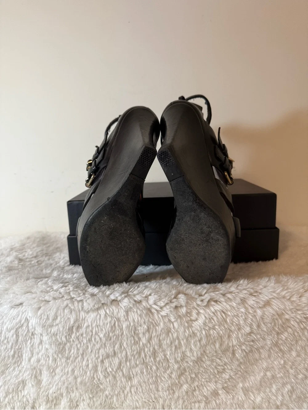 Givenchy Black Leather Strappy Wedge Sandals